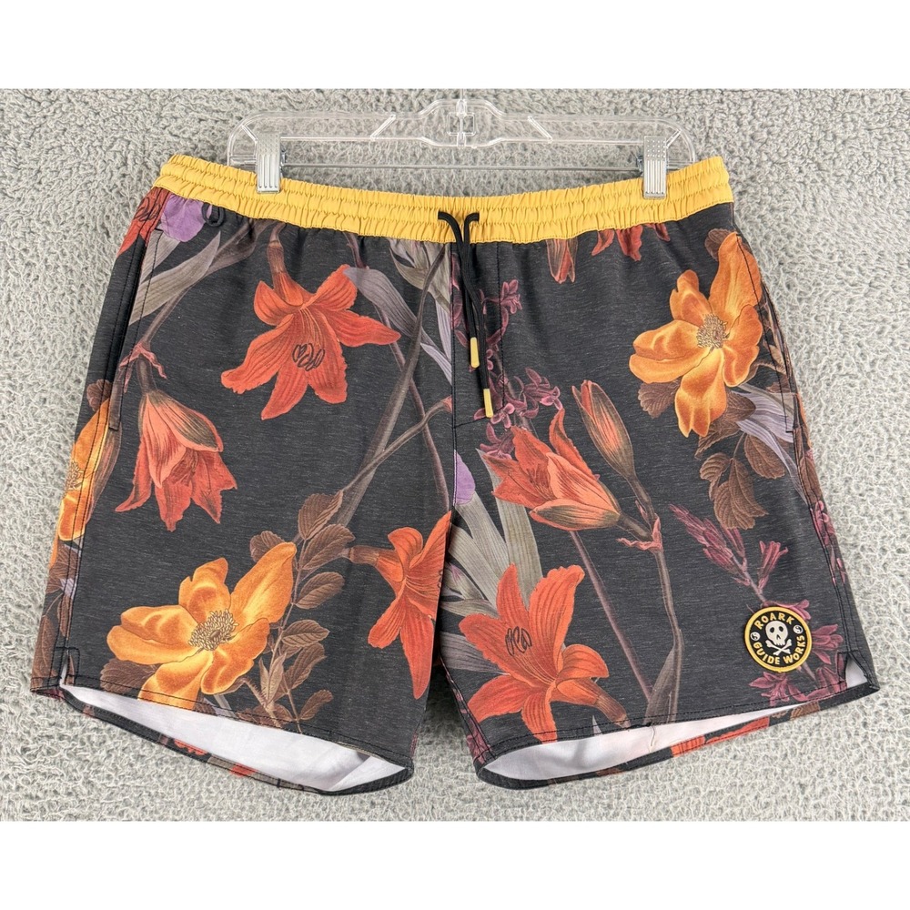 Roark Shorey Board Shorts Mens Large Black Floral Hemp Blend Swim Surf